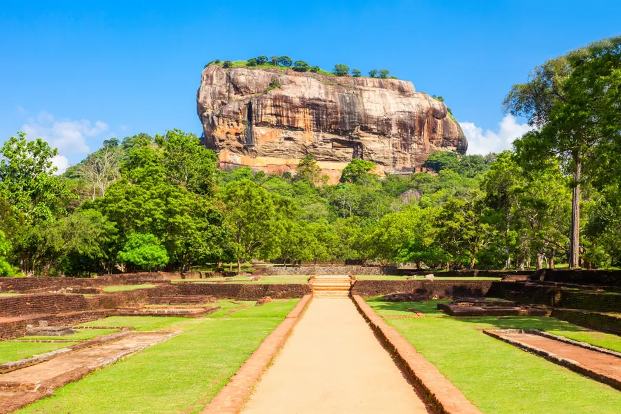 Sigiriya Lion Rock fortress surrounded by green forest, Sri Lanka